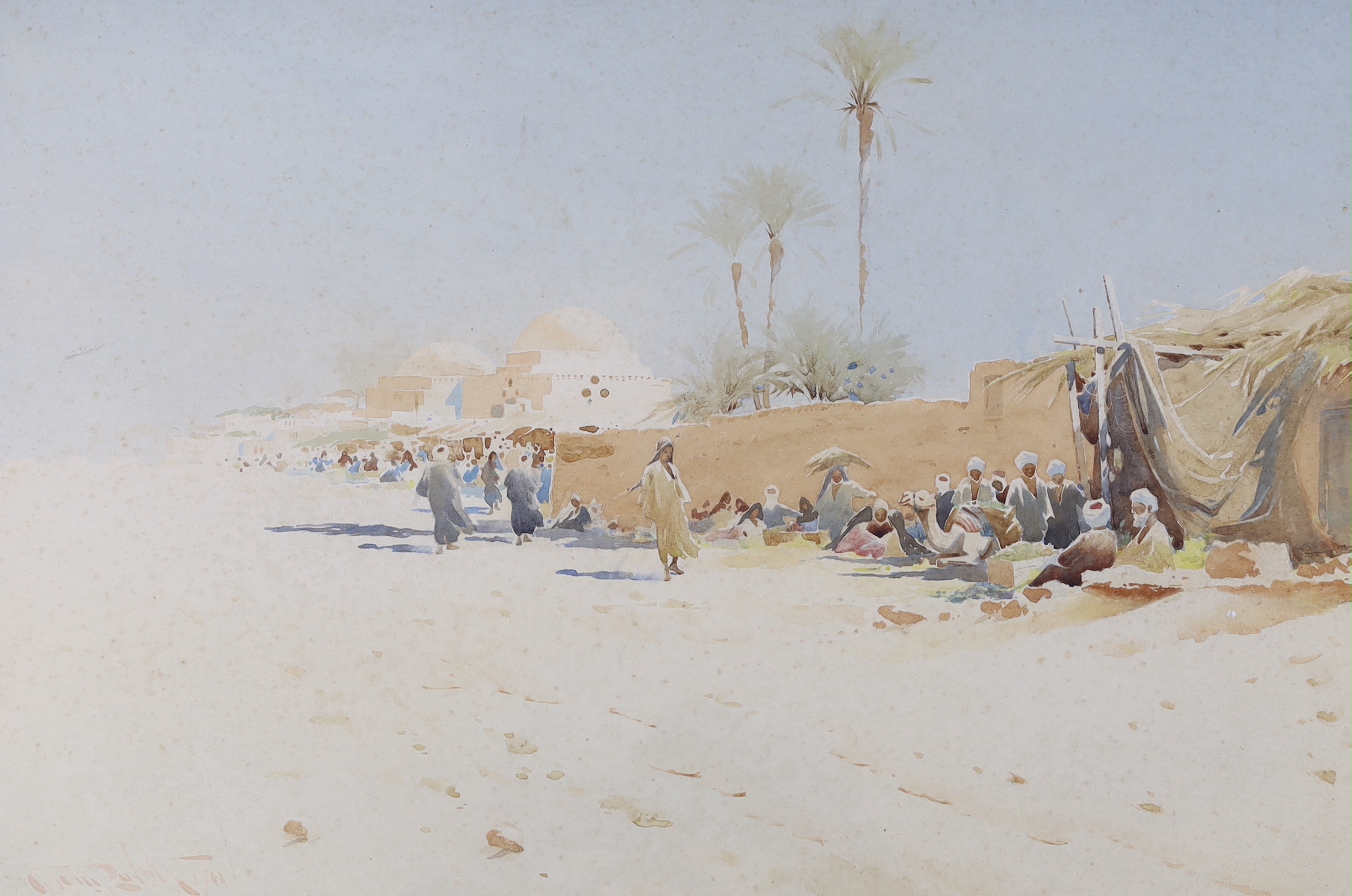 Augustus Osborne Lamplough (1877-1930) Orientalist watercolour, figures and camels, signed, 34 x 49cm